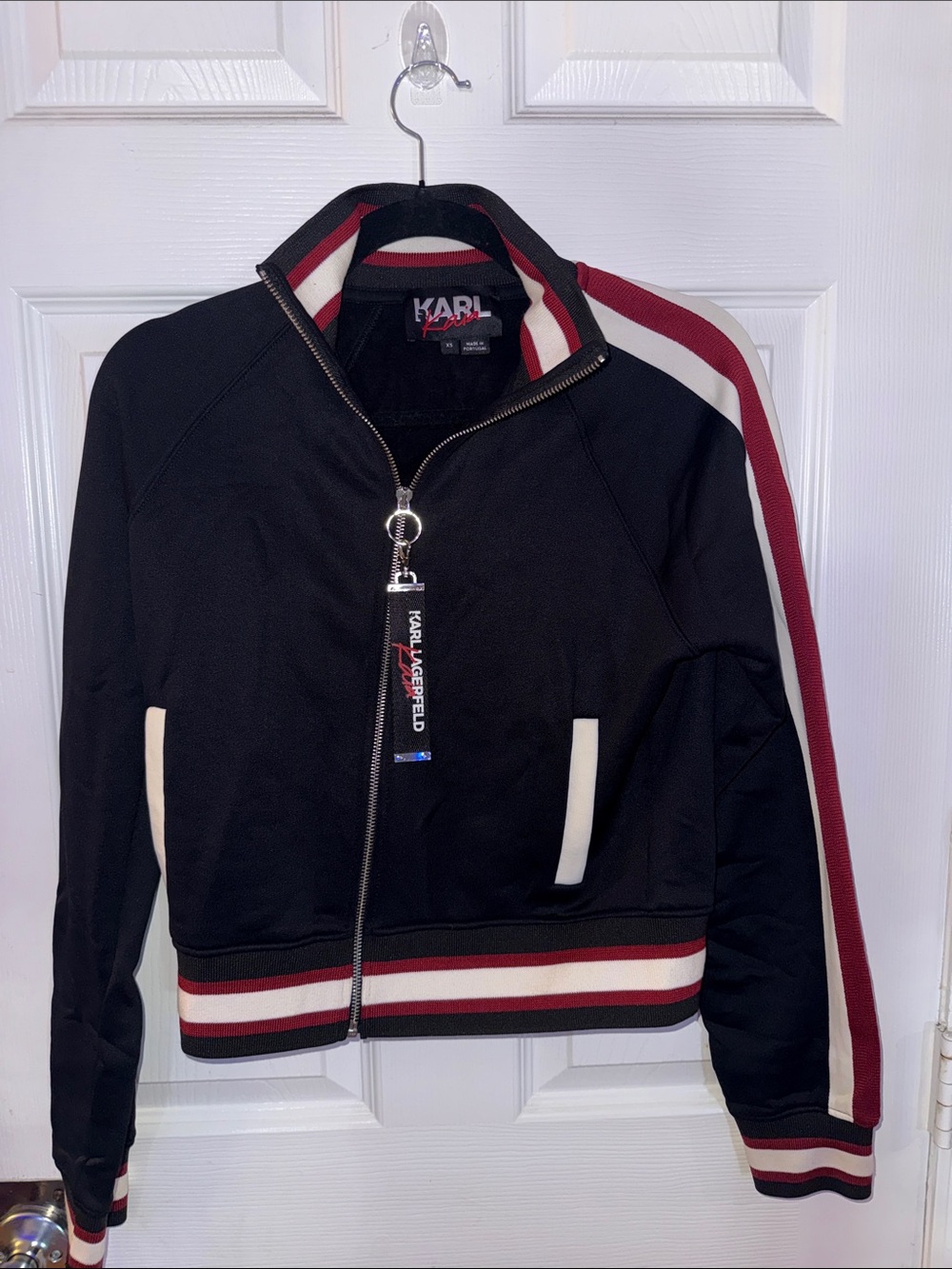Karl Lagerfeld Black Track Jacket with Red and White Stripe Trim